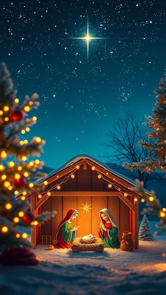 Nativity scene with Mary, Joseph, and baby Jesus under a starry sky, symbolizing the true meaning of Christmas.